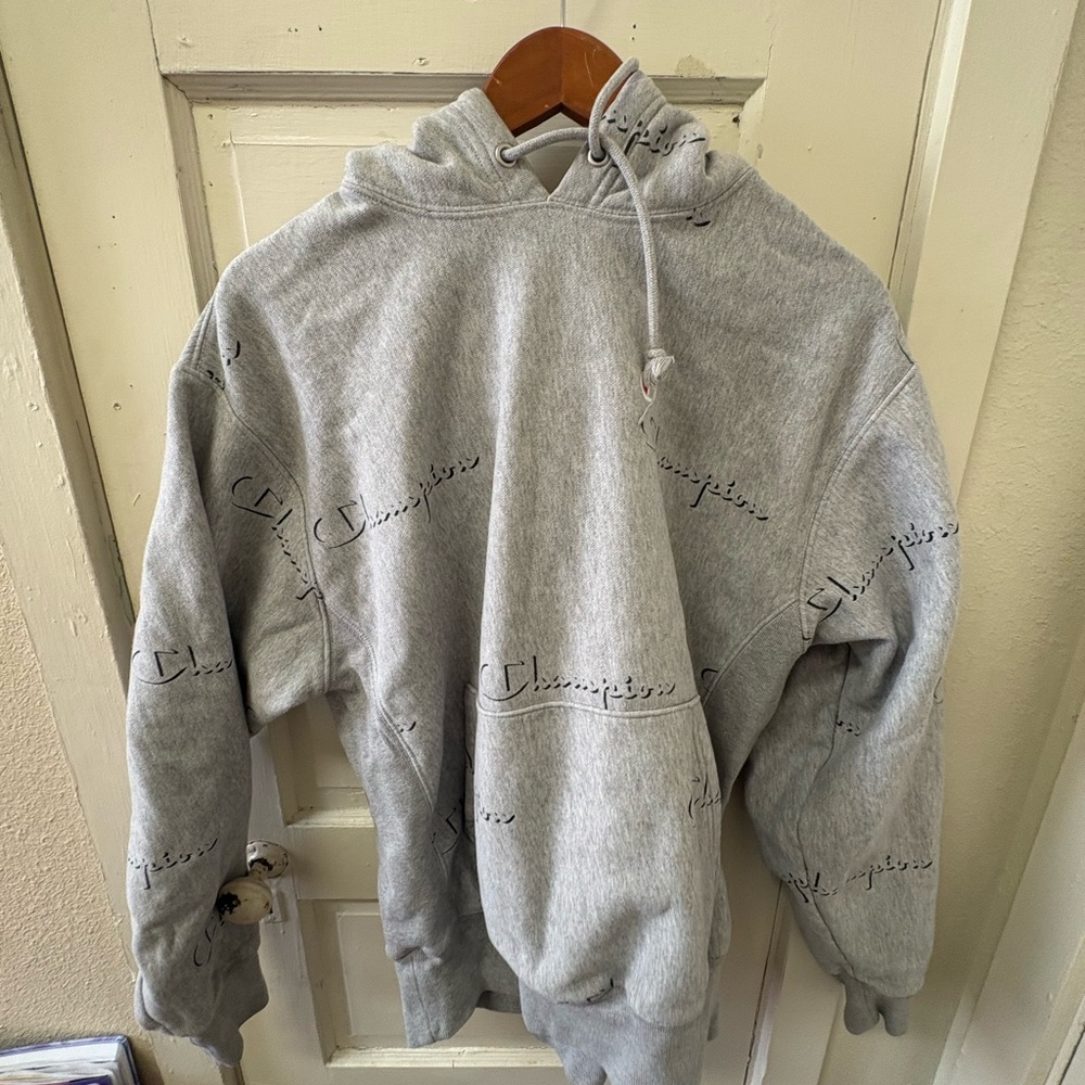 Champion Light Gray Script Logo Pullover Hoodie